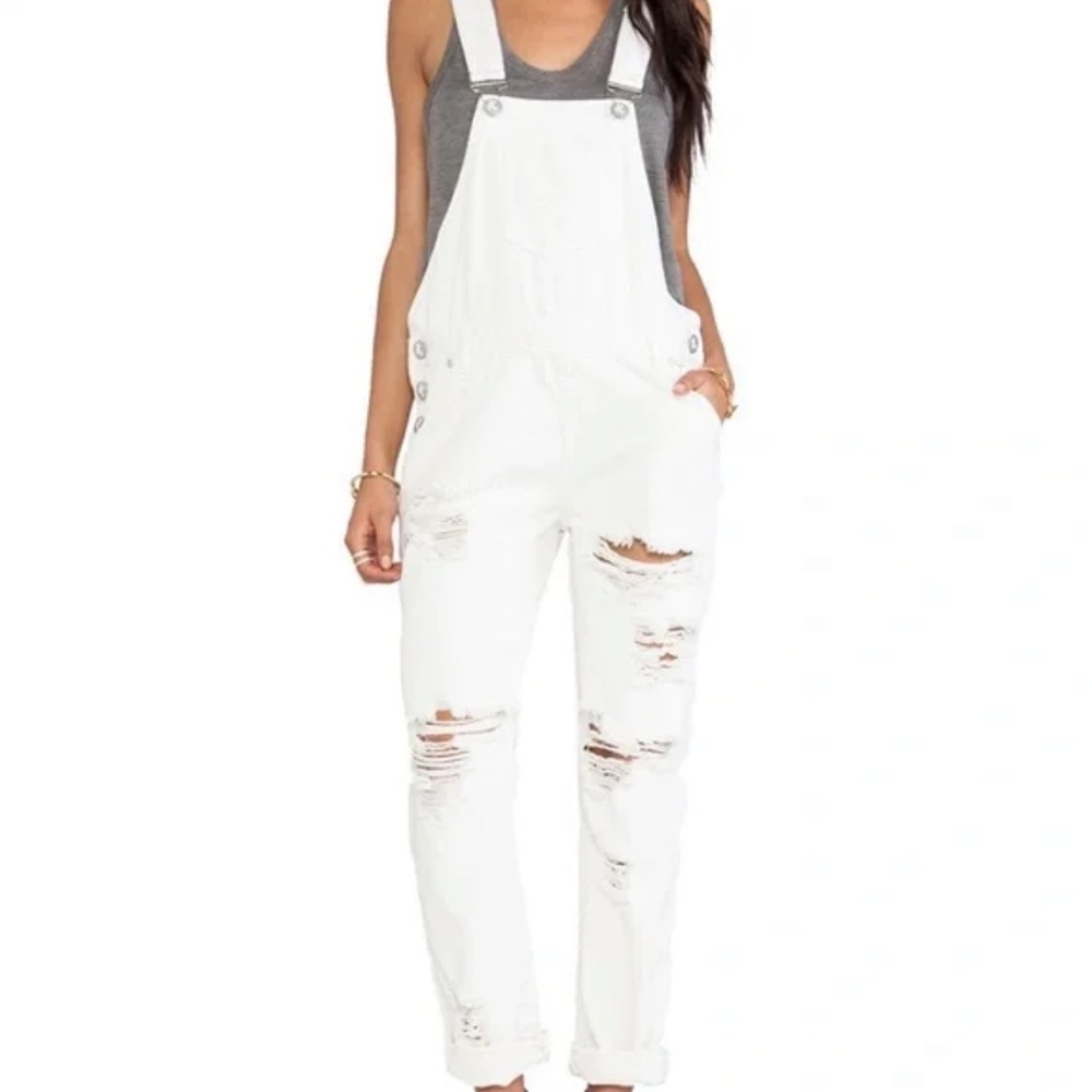 Boohoo: Distressed White denim overalls in Size 6
